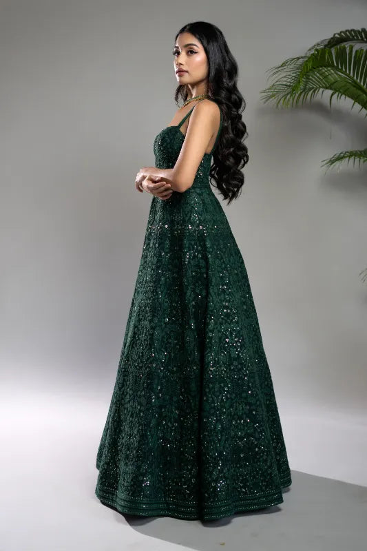 Emerald Green Chikankari Anarkali Dress shahmeenhusain Emerald Green Chikankari Anarkali Dress shahmeenhusain