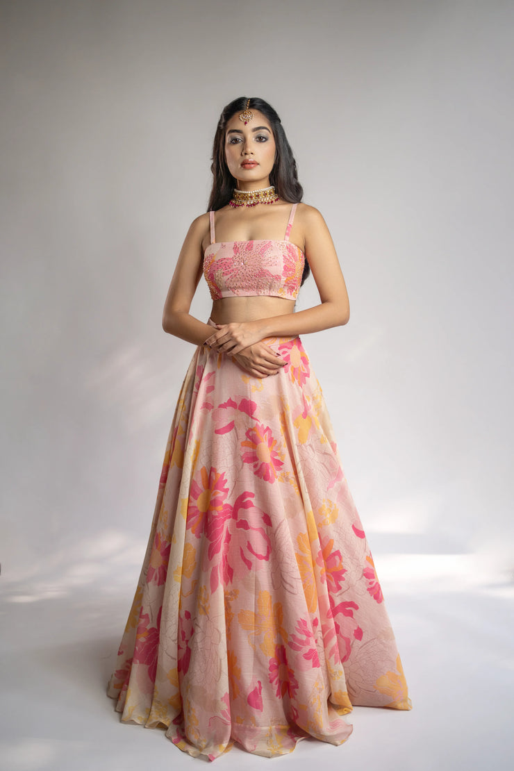 Pink & Yellow Embellished Printed Lehenga Set