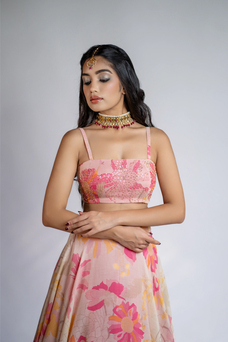 Pink & Yellow Embellished Printed Lehenga Set