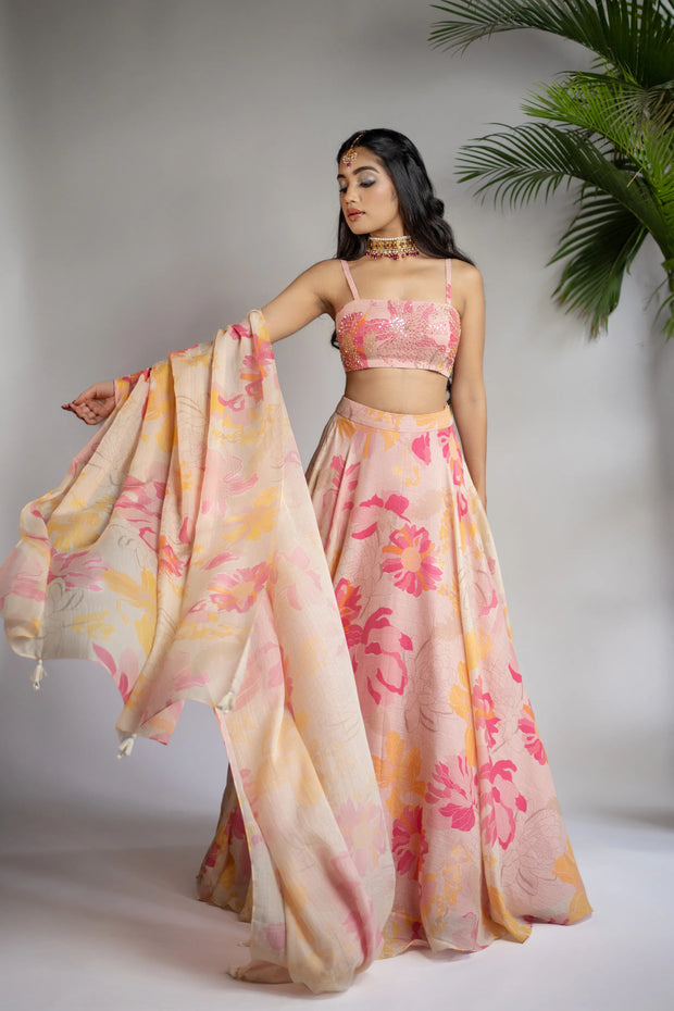 Pink & Yellow Embellished Printed Lehenga Set