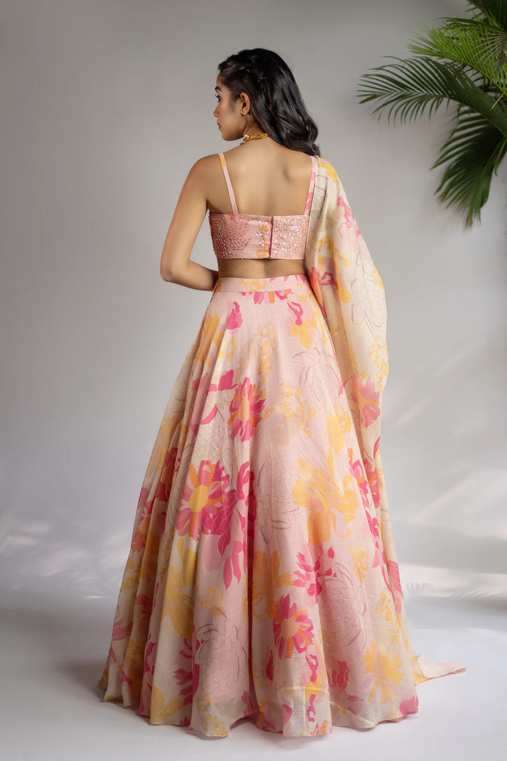 Pink & Yellow Embellished Printed Lehenga Set