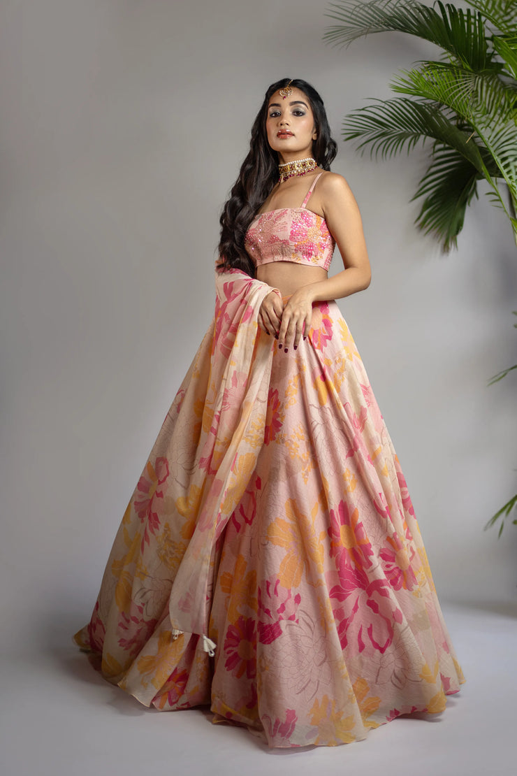 Pink & Yellow Embellished Printed Lehenga Set