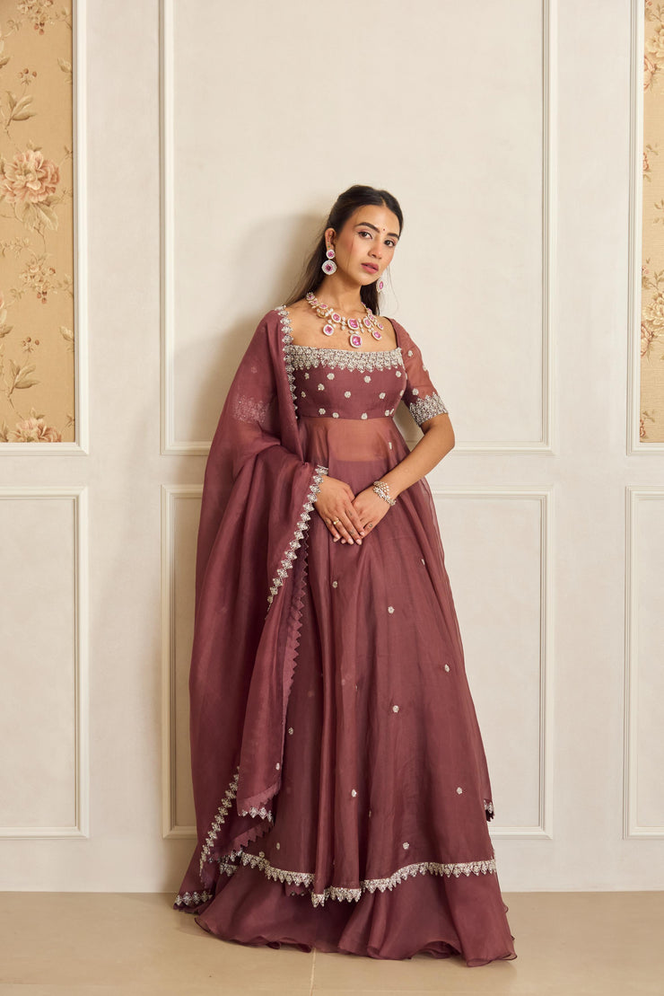 Mauve Pink Anarkali Skirt Set with Dupatta