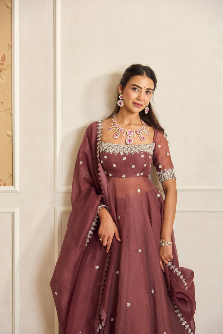 Mauve Pink Anarkali Skirt Set with Dupatta