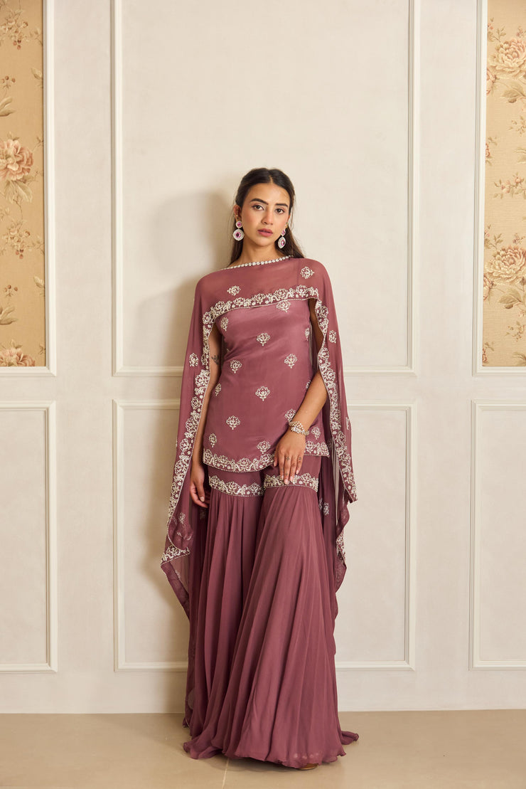 Mauve Pink Embroidered Tunic Set with Cape