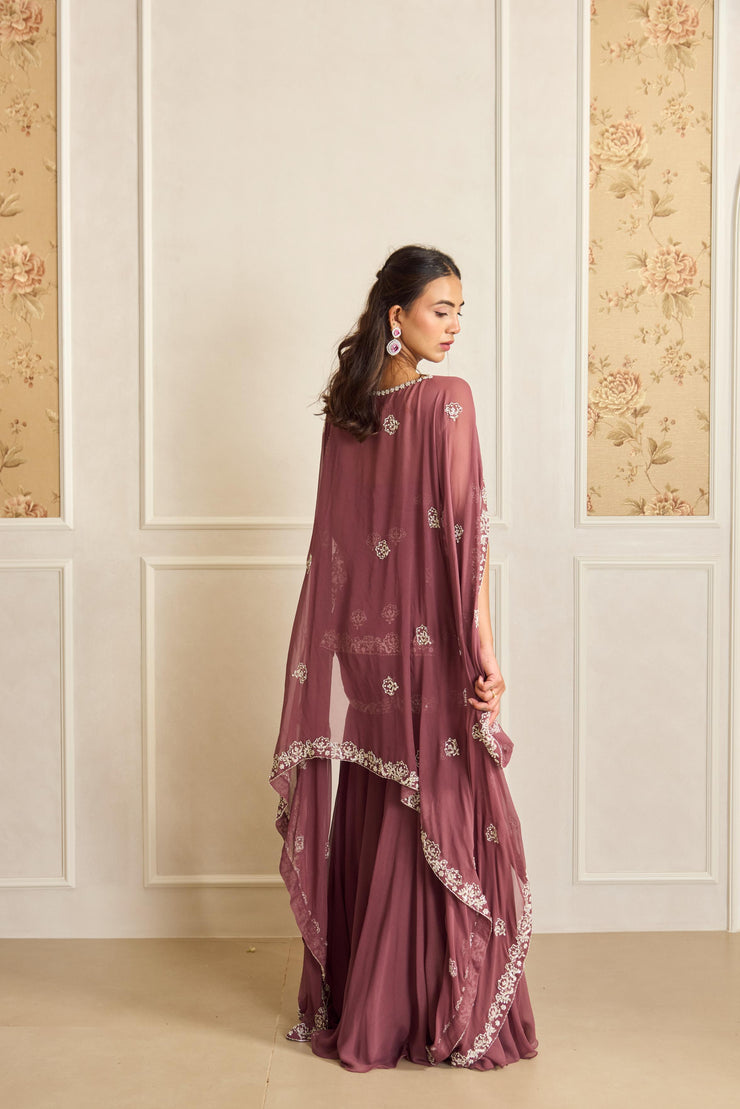 Mauve Pink Embroidered Tunic Set with Cape