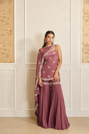 Mauve Pink Embroidered Tunic Set with Cape