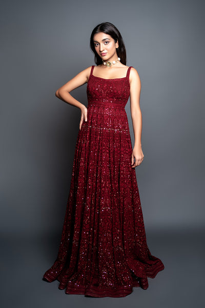 Red Chikankari Anarkali Dress